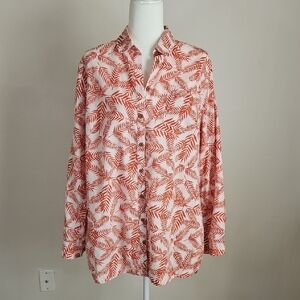 Duluth Trading LG Button Blouse Long Sleeve Orange Print Organic Cotton Hemp
